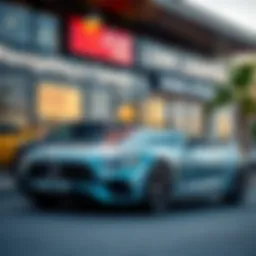 A sleek car parked next to a modern dealership showcasing enticing loan offers