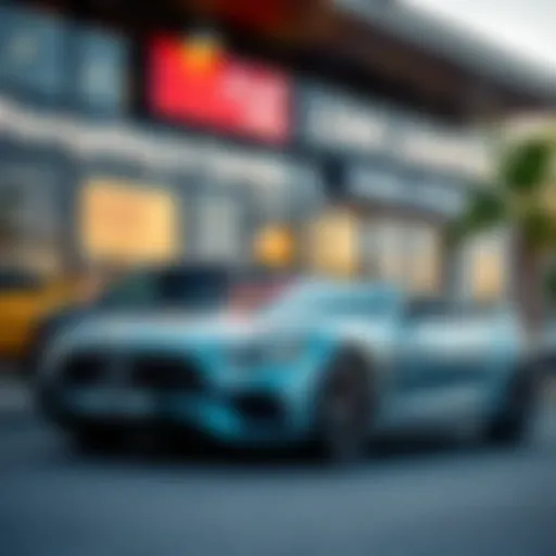 A sleek car parked next to a modern dealership showcasing enticing loan offers