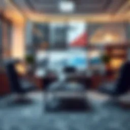 A sophisticated office setting with financial reports and investment strategies displayed.