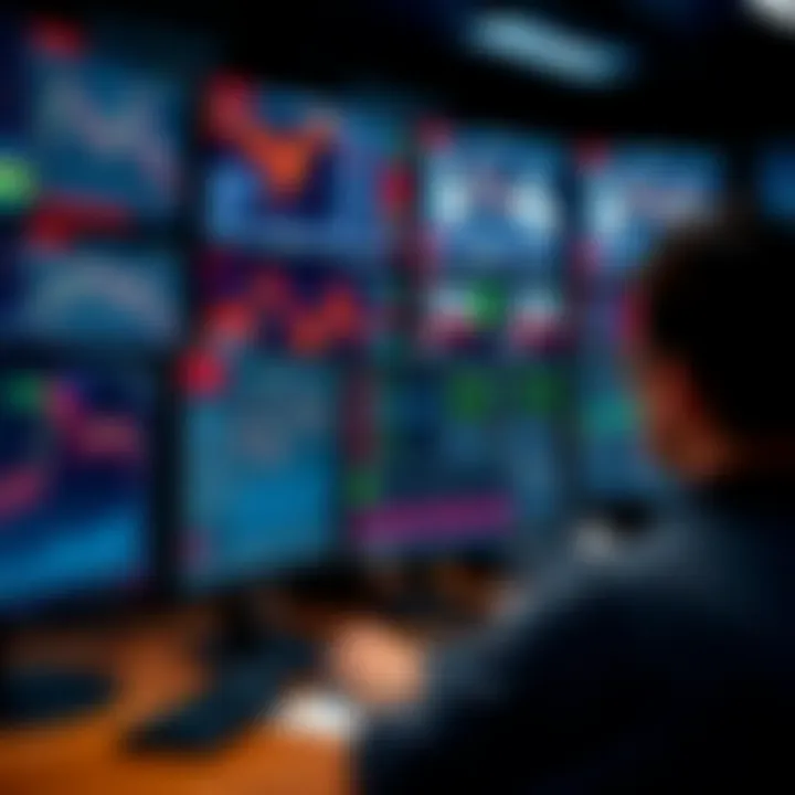 Modern Trading Environment A modern trading setup with multiple screens displaying stock market data.