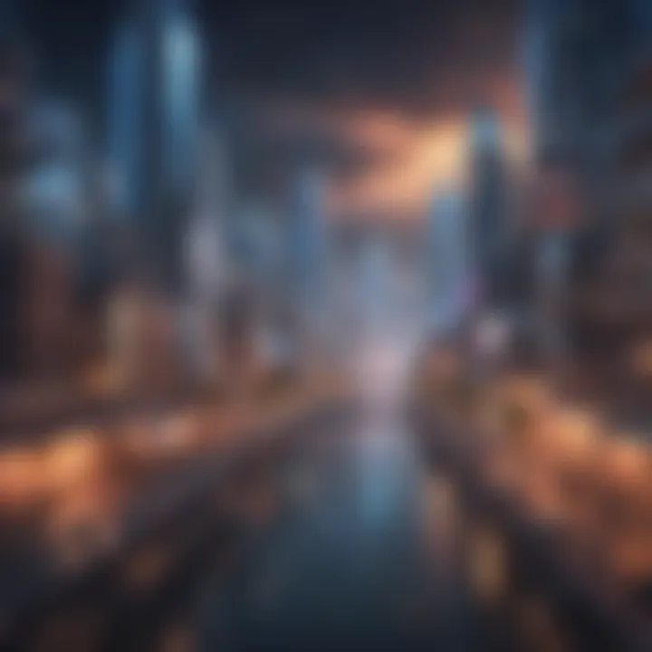 A futuristic cityscape with blockchain technology elements