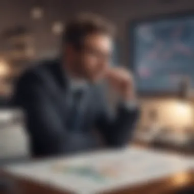 Strategic Investment Reflection A thoughtful individual contemplating investment options with financial reports around.